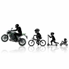 the silhouettes of people riding motorcycles and children on bikes are shown in different positions