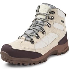 a pair of white and brown hiking boots