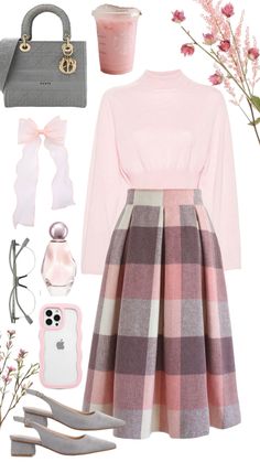 Light Academia Pink Outfit, Modest Chic Outfits Classy, Soft Spring Aesthetic Outfits, Church Winter Outfit Sunday, Modest Pink Outfits, Pink Feminine Outfits, Modern Princess Aesthetic Outfit, Pink Plaid Outfit, Ballet Core Outfits