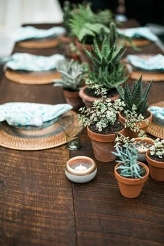 the table is set with succulents and place settings for two people to sit at