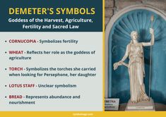 a statue with the words demeter's symbols in english and spanish on it