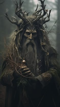 an old man with horns and long hair holding something in his hands while standing in the woods