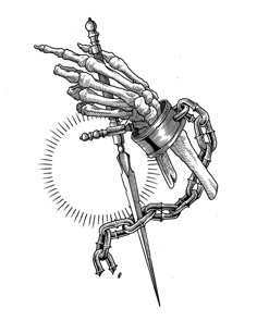 a drawing of a hand holding a chain with two hands on it and one arm wrapped in chains