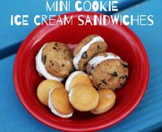 mini cookie ice cream sandwiches in a red bowl on a blue picnic table with text overlay