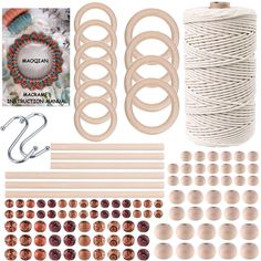 the complete kit for making beaded bracelets with beads and wood rings, thread, scissors