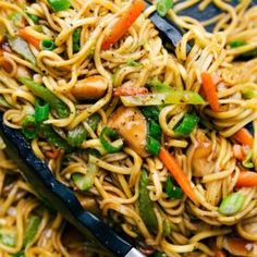 stir fry noodles with chicken, carrots and green onions in a skillet ready to be eaten