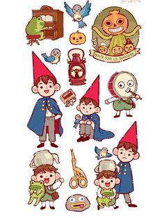 some cartoon characters with different hats and costumes on them, including one boy in the middle