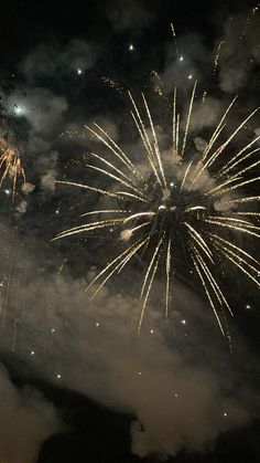 fireworks are lit up in the night sky with clouds and trees around them as well