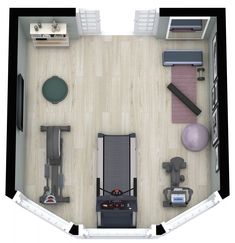 an overhead view of a home gym with equipment