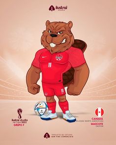 a cartoon bear in a red uniform with a soccer ball