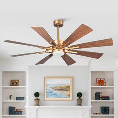 a living room with a fire place and ceiling fan