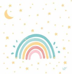 a rainbow with stars and the moon in the sky