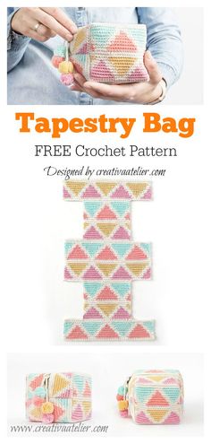 the free crochet bag pattern is shown with instructions to make it