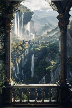 an image of a waterfall in the middle of a forest with trees and mountains behind it