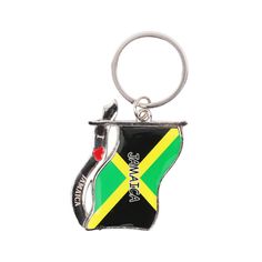 a bottle shaped key chain with the flag of jamaica on it's bottom half