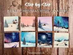 christmas cards with the words, step by step 8 easy christmas resinin coasters