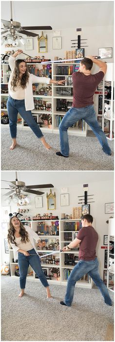 two people are dancing in the middle of a room with bookshelves behind them