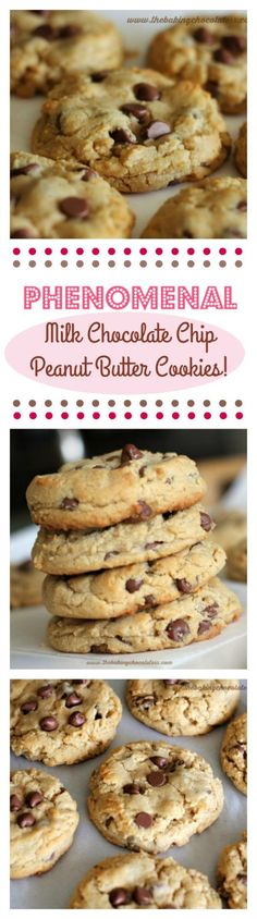 chocolate chip peanut butter cookies are stacked on top of each other with the words,