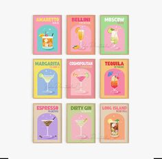 six different types of cocktails are shown in this card set, with the names and colors