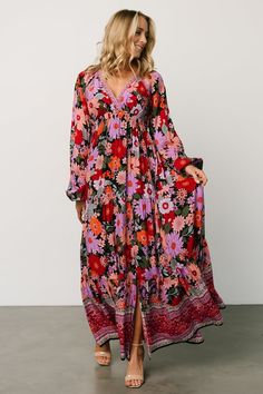 A gorgeous dress just for you. Malena features a black multi color, a maxi skirt length, and a flowing rayon material! Boho Sheek, Deep V Maxi Dress, Bbq Outfits, Indian Block Print Fabric, Edgy Dress, Winter Fashion Outfits Casual, Baltic Born, Tiered Maxi Skirt, Maternity Maxi