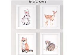 four watercolor paintings of different animals are shown in white frames with text that reads set of 2, 3 or 4