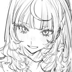 a pencil drawing of a girl with long hair and bangs, smiling at the camera