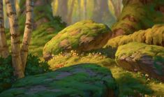 an animated painting of trees and rocks in the middle of a forest with green grass