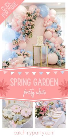 a pink and blue garden party with balloons