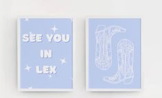 two greeting cards with the words see you in leo written on them, and an image of a pair of cowboy boots