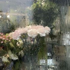 a painting of flowers in a vase on a window sill with rain falling down