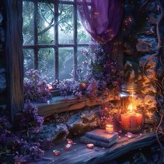 an image of a window with candles and books in front of it, surrounded by flowers