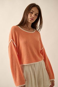 Cuddle Party Cropped Exposed-Seam Sweater - ShopPromesa Cuddle Party, Apricot Sweater, Textured Knit Sweater, Orange Sweaters, Summer Essential, Hiking Outfit, Boat Neckline, Chic Accessories, Cropped Style