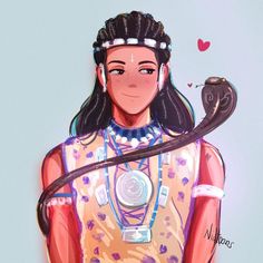 a drawing of a native american girl holding a snake