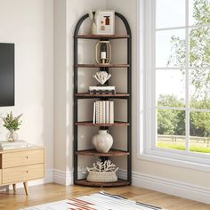 a corner shelf with books on it in front of a window