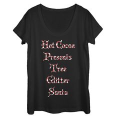 Christmas is right around the corner which means you'll need to gather all the perfect holiday things with the help of your Lost Gods Christmas Candy Cane List Women's Scoop Neck T-Shirt. This cute Christmas scoop neck tee reads "Hot Cocoa Presents Tree Glitter Santa" in striped red and white text down the front. Size: 2xl. Color: black. Gender: female. Age Group: adult. Pattern: Fictitious Character. Material: Cotton. T Shirt Company, Scoop Neck Tee, Christmas Candy Cane, Slim Fit Shorts, Cute Christmas, Christmas Candy, Direct To Garment Printer, Christmas Women, Hot Cocoa