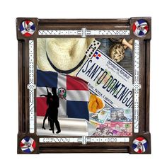 a collage of many different items including a hat, flag and other things in the frame