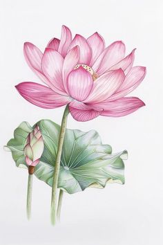 a drawing of a pink flower with leaves