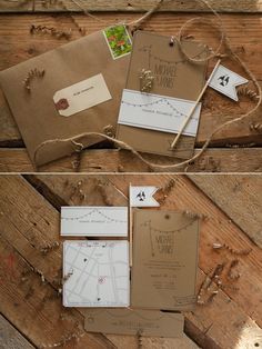 three different pictures of some brown paper on the ground with tags attached to it and two small pieces of cardboard tied together