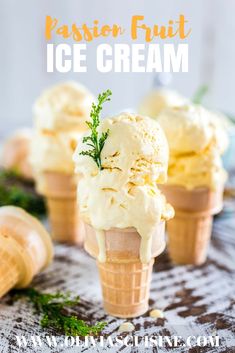 three ice cream cones are sitting on a table with the words passion fruit ice cream