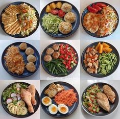 six plates with different types of food on them, including meats and veggies