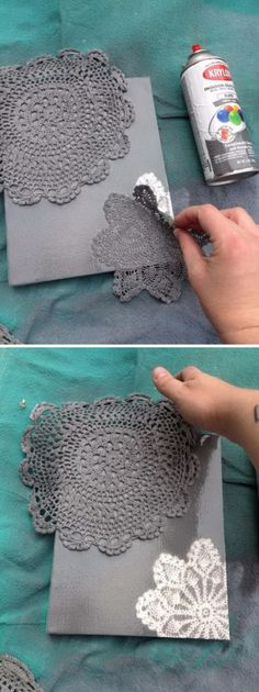 two pictures showing how to make doily with fabric and glue on the tablecloth