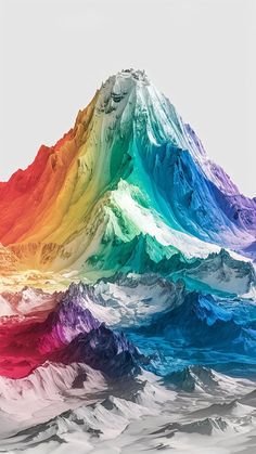 a multicolored mountain with snow on the top and rainbow in the bottom half