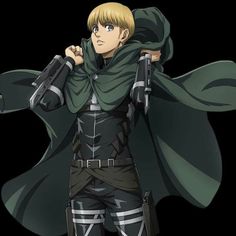 an anime character with blonde hair and green eyes wearing black clothes, holding his hands on his hips