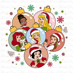 christmas ornament with four different women in santa hats and snowflakes on them