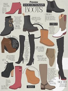 a poster with different types of shoes and boots on it's front page, including high - heeled booties