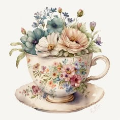 a painting of flowers in a teacup on a saucer