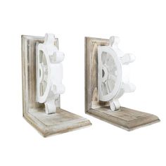 two white ships wheels on wooden stand against a white background, one is made out of wood and the other is painted white