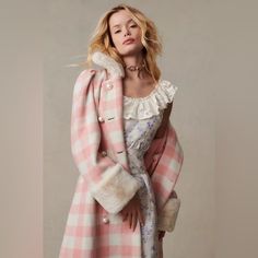 Check Out This Rare Findthe Sherry Coat From Love Shack Fancy! Never Worn, New With Tags!!! It's A Timeless, Chic Piece That Will Keep You Stylish All Winter Long. The Coat Features A Faux Fur Collar, Oversized Pearl Buttons, And A Peach And White (Though It Looks More Like Pink And White) Checkered Print. This Coat Is A Stunning Addition To Any Wardrobe, And It's No Wonder It's Sold Out Everywhere. The Price Reflects Its Rarity. Details: - Size: X-Small - Materials: 25% Wool, 75% Polyester - St Fran Fine, Winter 22, Cute Coats, Fall Inspo, White Faux Fur, Winter 2022, Hello Gorgeous, Faux Fur Collar, Outerwear Women