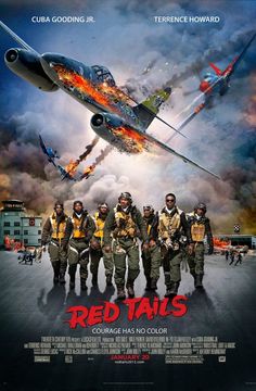 the movie red tails is shown in front of an airplane with flames coming out of it