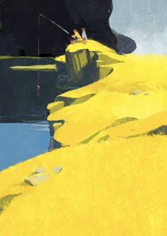 two people fishing in the water on a sunny day with yellow cliffs and blue sky